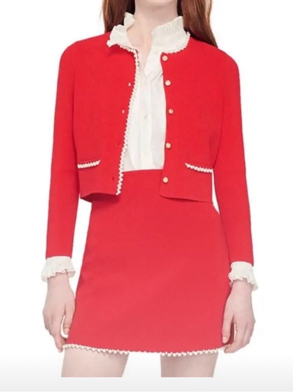 Pearl-Trim Red Cropped Blazer SANDRO